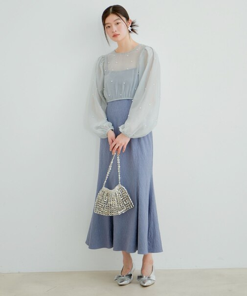【新色追加】【VIS DRESS】チュールパールブラウス＆ジャガードワンピースセット