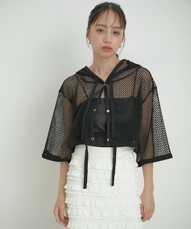 【洗える】メッシュフーテッドカーディガン
