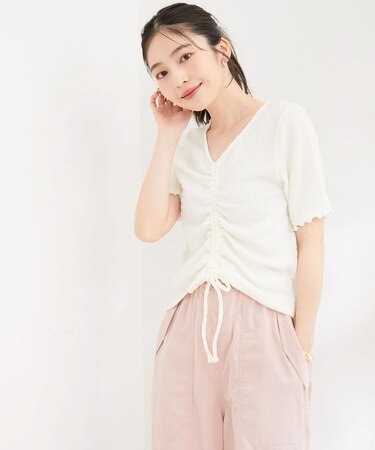 【洗える】ぽこぽこフロントシャーリングカットソー