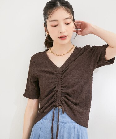 【洗える】ぽこぽこフロントシャーリングカットソー