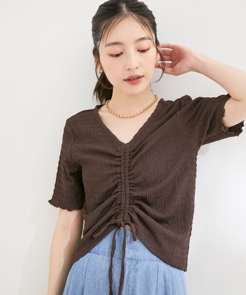 【洗える】ぽこぽこフロントシャーリングカットソー