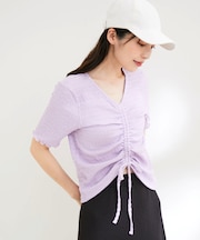 【洗える】ぽこぽこフロントシャーリングカットソー