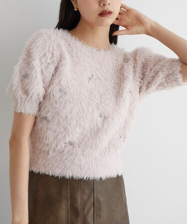 フェザーヤーンリボン刺繍ビーズニット