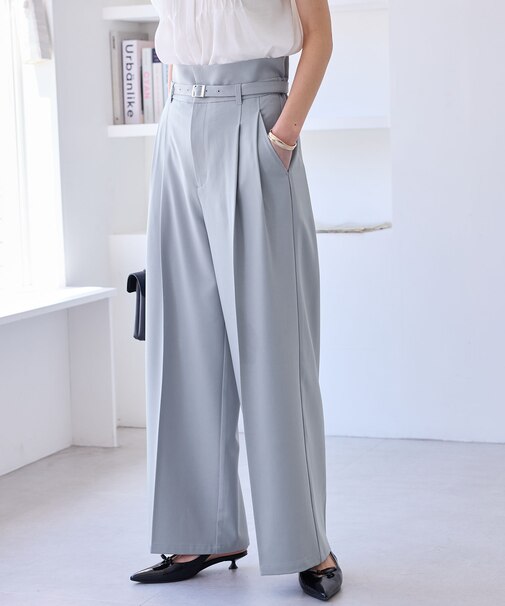 【新色追加】【防シワ/接触冷感】ベルトディテールタックワイドスラックスパンツ