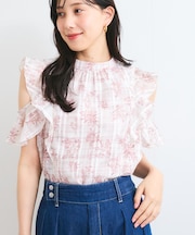 【洗える】2WAYショルダーシアーチェックブラウス