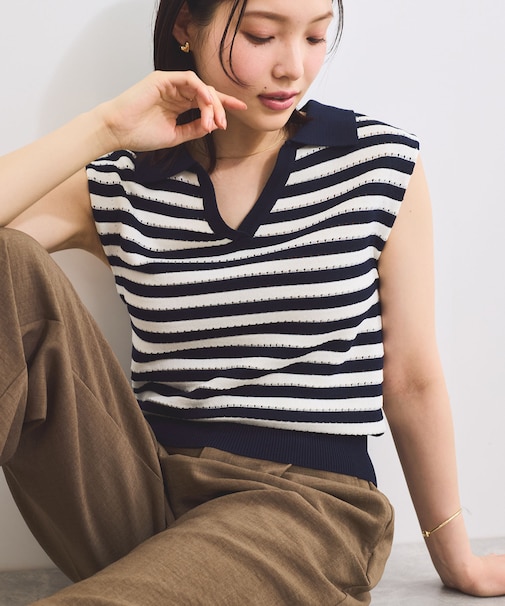 スキッパーフレンチスリーブアイレットニット