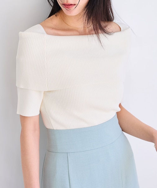 【アンチピリング/UVケア/洗える】オフショルハーフスリーブニット