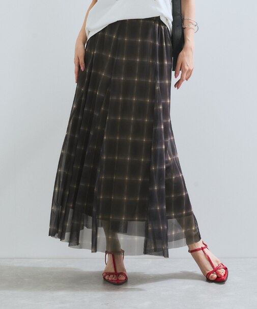 【洗える】チュールプリントチェックスカート