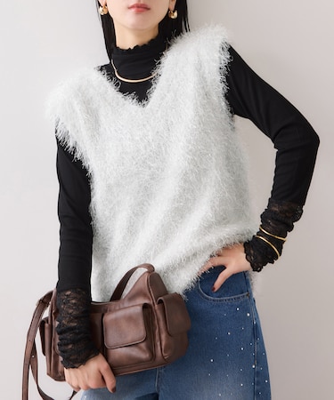 【WEB限定サイズ:MT/着丈が選べる】【洗える】フェザーヤーンニットベスト