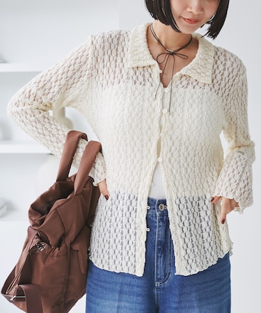 レースポロ襟カーディガン