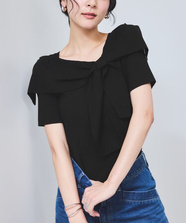 【WEB限定】【骨格で選べる2タイプ】オフショル風リボン半袖ニット