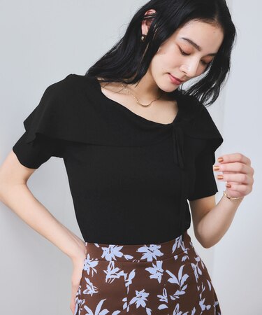 【WEB限定】【骨格で選べる2タイプ】オフショル風リボン半袖ニット