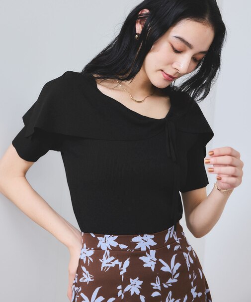 【WEB限定】【骨格で選べる2タイプ】オフショル風リボン半袖ニット