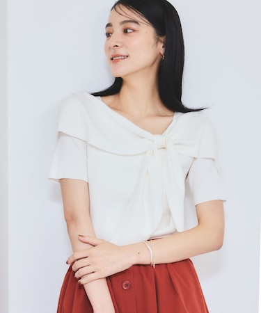 【WEB限定】【骨格で選べる2タイプ】オフショル風リボン半袖ニット