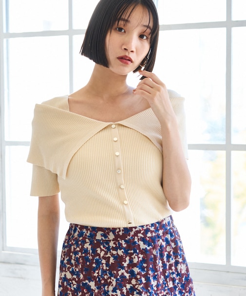 ビックカラーオフショルハーフスリーブニット