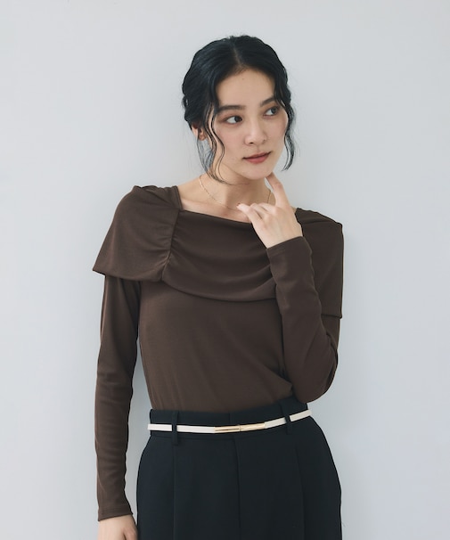 テレコオフショルダーロングスリーブプルオーバー