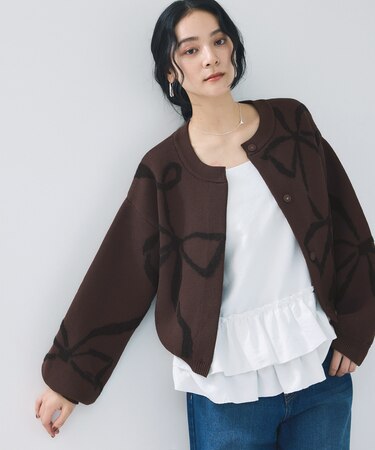 リボンモチーフジャガードカーディガン/イージーケア