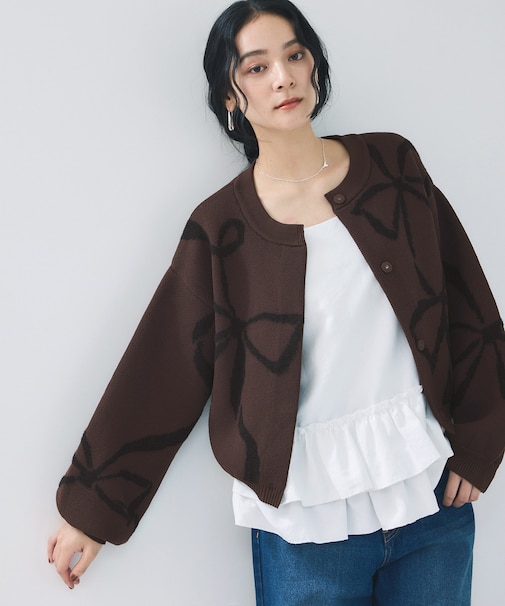 リボンモチーフジャガードカーディガン/イージーケア