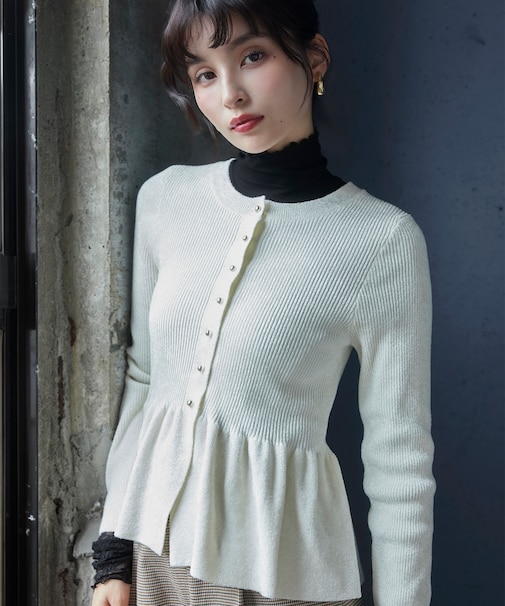 ペプラム切替モールニットカーディガン/イージーケア