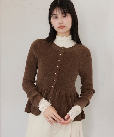 ペプラム切替モールニットカーディガン/イージーケア