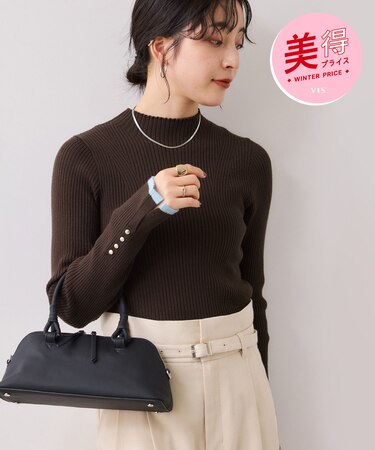【美得】スリーブ釦アクセントリブニット/WEB限定FSサイズ・静電気防止