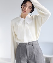 シアーボウタイリボン付きフェザーニットプルオーバー/2WAY・イージーケア