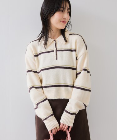 【WEB/一部店舗限定】ボーダー柄ポロニットプルオーバー