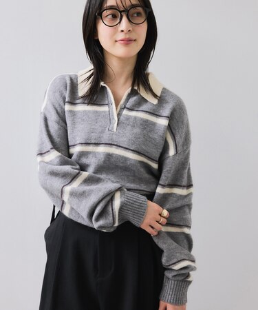 【WEB/一部店舗限定】ボーダー柄ポロニットプルオーバー
