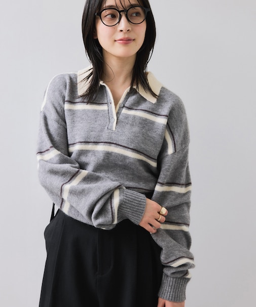 【WEB/一部店舗限定】ボーダー柄ポロニットプルオーバー