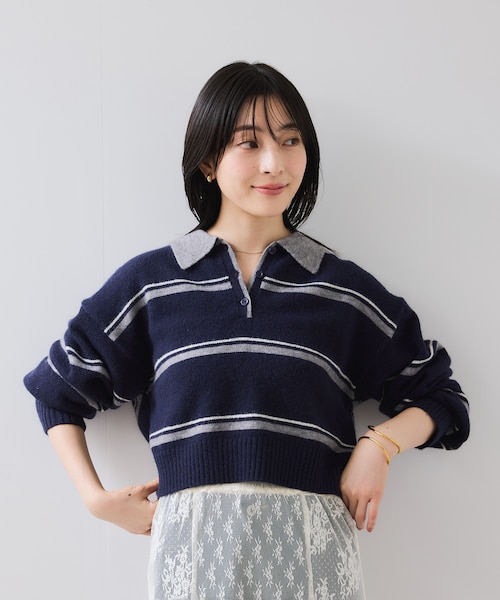 WEB/一部店舗限定】ボーダー柄ポロニットプルオーバー｜ビスの
