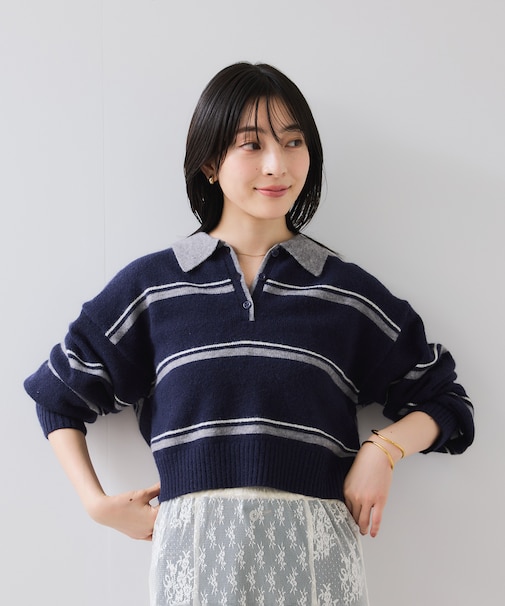 【WEB/一部店舗限定】ボーダー柄ポロニットプルオーバー