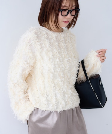 リボンヤーンフリンジニットプルオーバー