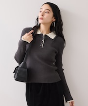 ダブルカラーポロニットトップス