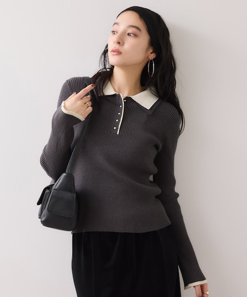 ダブルカラーポロニットトップス