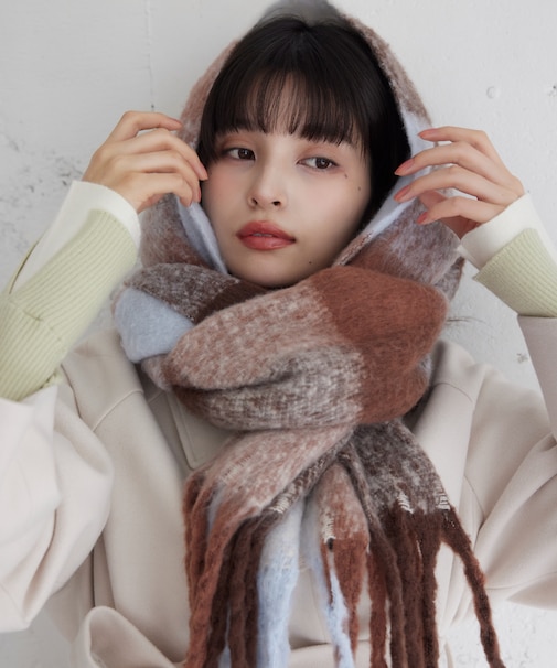 ふわふわフリンジチェックマフラー/静電気防止