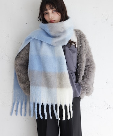 ふわふわフリンジチェックマフラー/静電気防止