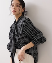 チェック＆デニムアソートボウタイリボン付きスタンドカラーシャツ