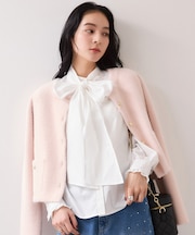 チェック＆デニムアソートボウタイリボン付きスタンドカラーシャツ