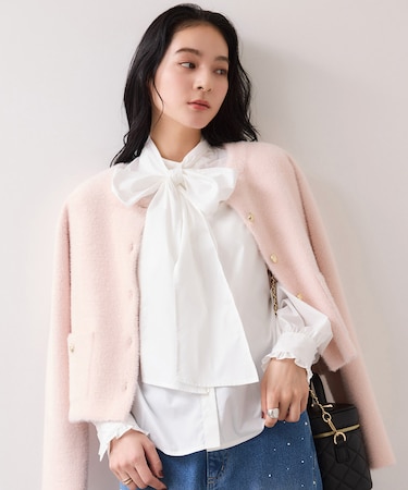 チェック＆デニムアソートボウタイリボン付きスタンドカラーシャツ