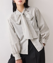 チェック＆デニムアソートボウタイリボン付きスタンドカラーシャツ