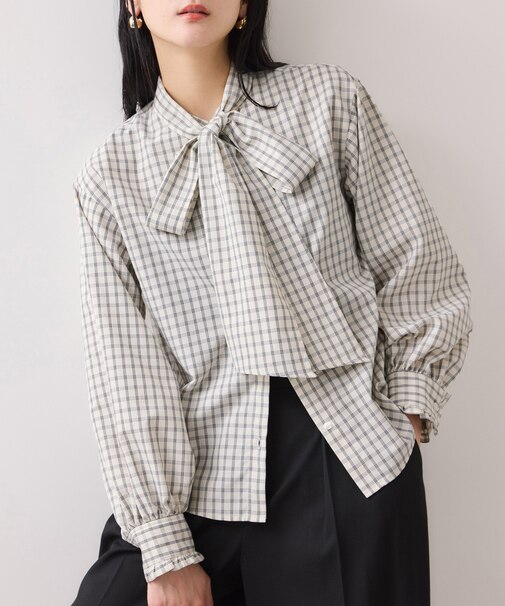 チェック＆デニムアソートボウタイリボン付きスタンドカラーシャツ