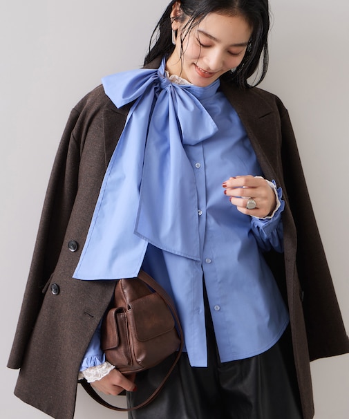 チェック＆デニムアソートボウタイリボン付きスタンドカラーシャツ