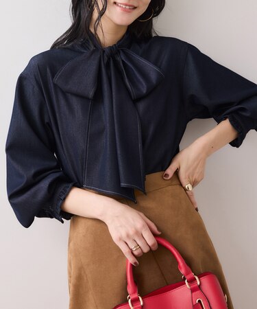 チェック＆デニムアソートボウタイリボン付きスタンドカラーシャツ