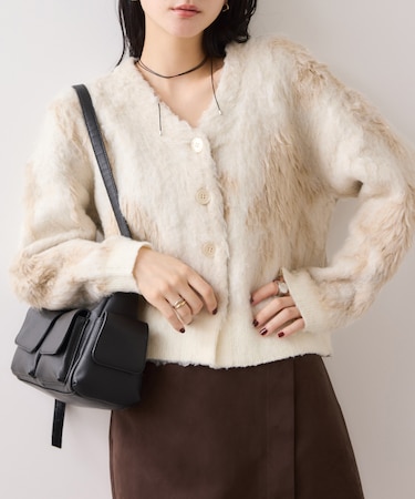 アート柄ジャガード起毛ニットカーディガン/イージーケア