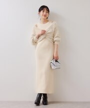 ねじりショートトップス付きロングニットワンピース/イージーケア