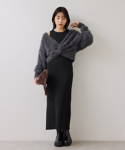 ねじりショートトップス付きロングニットワンピース/イージーケア