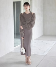 ねじりショートトップス付きロングニットワンピース/イージーケア