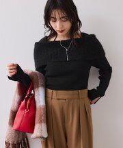 フェザーヤーンオフショルもちもちリブニット/イージーケア
