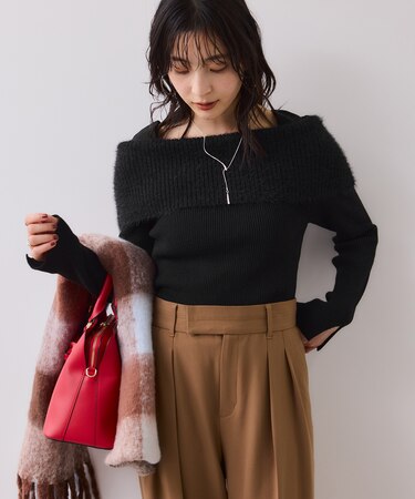 フェザーヤーンオフショルもちもちリブニット/イージーケア