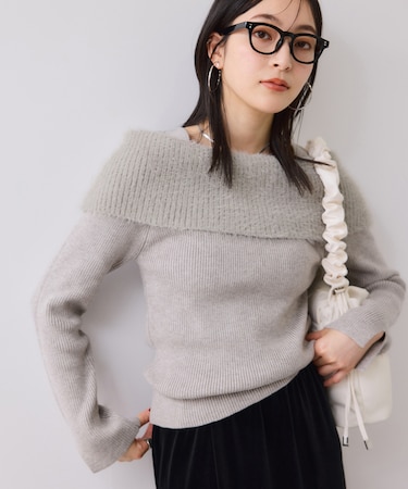 フェザーヤーンオフショルもちもちリブニット/イージーケア